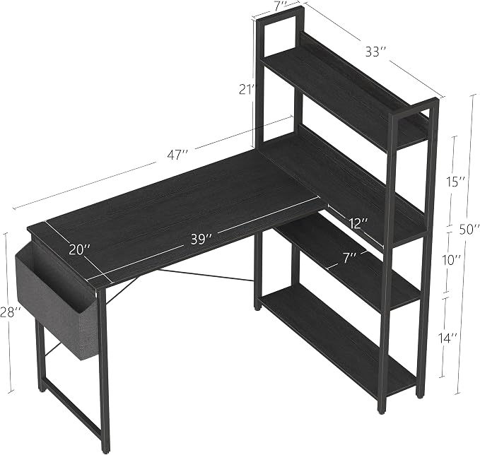 Treesland 47 Inch Computer Desk with Bookshelf, Corner Desk with Storage, L Shaped Desk, Home Office Desks, Writing Study Desk for Bedroom, Black - Image 3