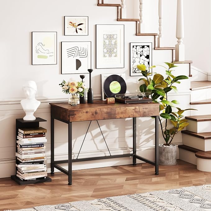 Mexin Small Desk with 2 Wooden Drawers, 40 Inch Home Office Writing Desk, Vanity Desk with Storage, Computer Desk for Bedroom Small Spaces, Table for Office, Kids Study, Makeup, Rustic Brown - Image 7