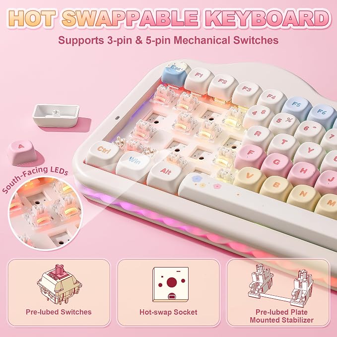 YUNZII C75 Cute 75% Wireless Mechanical Keyboard (Beige, Milk Switch) | Creamy Cake Keyboard, BT5.0/2.4G/USB-C, Hot-Swap, NKRO, PBT MOA Keycaps,5500mAh RGB Gasket Mount for Mac/Win/Gaming/Office - Image 5