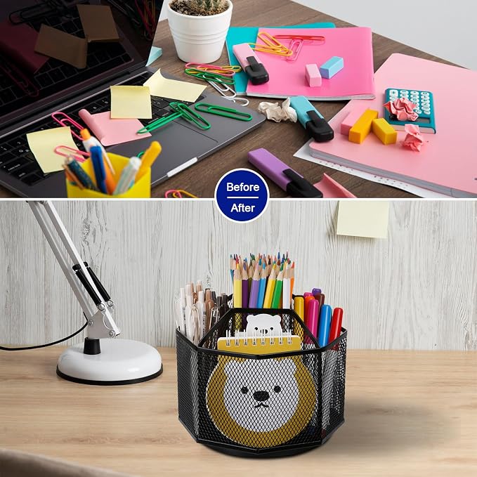 Comix Mesh 360° Rotating Pen Holder, Desk Organizer for Home Office, Black | 9 Compartment Pencil Holder, Sticky Notes Holder, Pen Organizer Office Supplies - Image 5