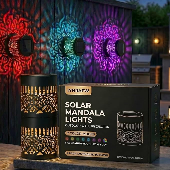 Solar Mandala Lights Outdoor Wall Projector Metal 7 Color Changing IP65 Waterproof Decorative Mounted Wireless Night Lighting for Yard Patio Fence Deck Pathway Garden Decor and Holiday Gifts by Unknown