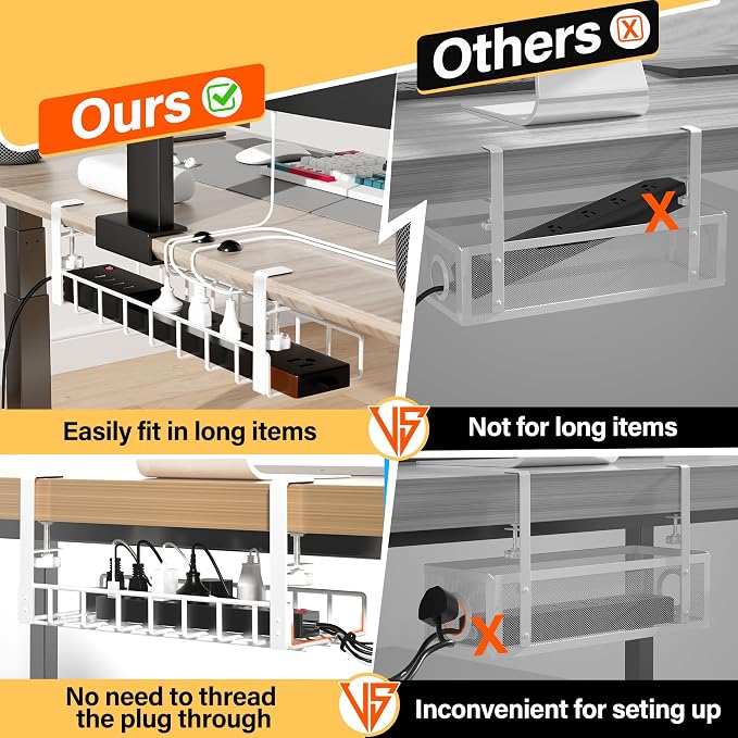 2 Pack Under Desk Tray, 31.4" No Drill Wire Management with Upgraded Clamp, Metal Cord Organizers for Desk, PC Cable Rack, White - Image 2