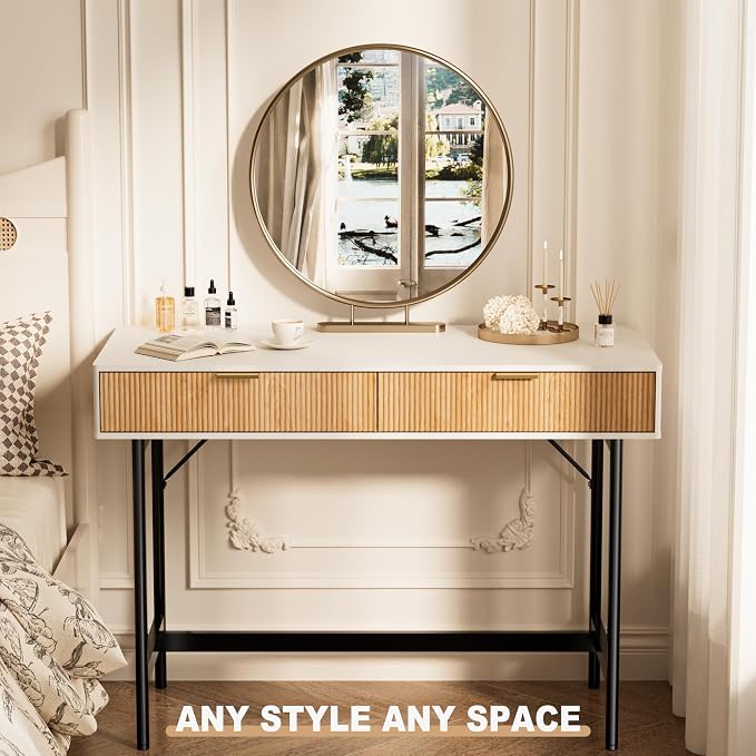 INNOD 45 Inch White Desk with Drawers, Small Writing Desks for Bedroom, Fluted Cute Desk with Storage for Vanity, Wood Computer Table for Living Room Small Spaces Home Office Study - Image 4