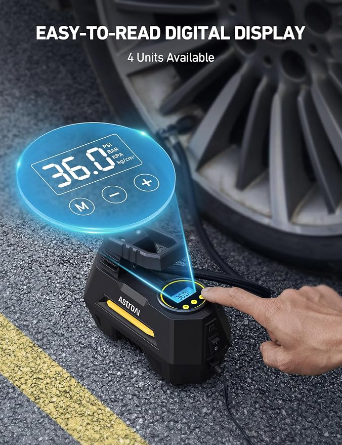 AstroAI AIRUN H1 Tire Inflator Portable Air Compressor,Fast Inflation Electric Air Pump for Car Tires-Car Accessory,9.8Ft Cord-12VDC-Powered Auto Shut-Off with Digital Pressure Gauge,LED Light,Yellow - Image 5