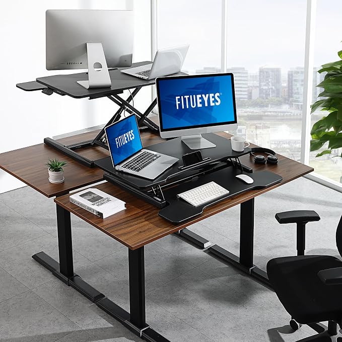 FITUEYES Height Adjustable Standing Desk 32” Wide Sit to Stand Converter Stand Up Desk Tabletop Workstation for Dual Monitor Riser FSD308001WB - Image 2