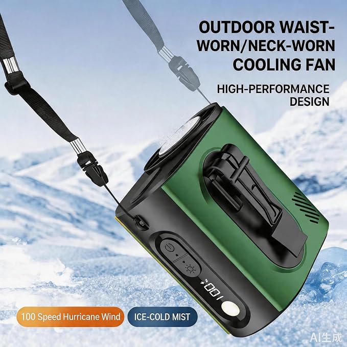 Portable Wearable Waist Fan,with Ice Cooler & Flashlight,10000mAh Rechargeable Clip On Belt Cooling Fan, 100-Speed 16000RPM Personal Body Fan,20H Work Time for Camping,Outdoor,Jobsite(Green) - Image 6