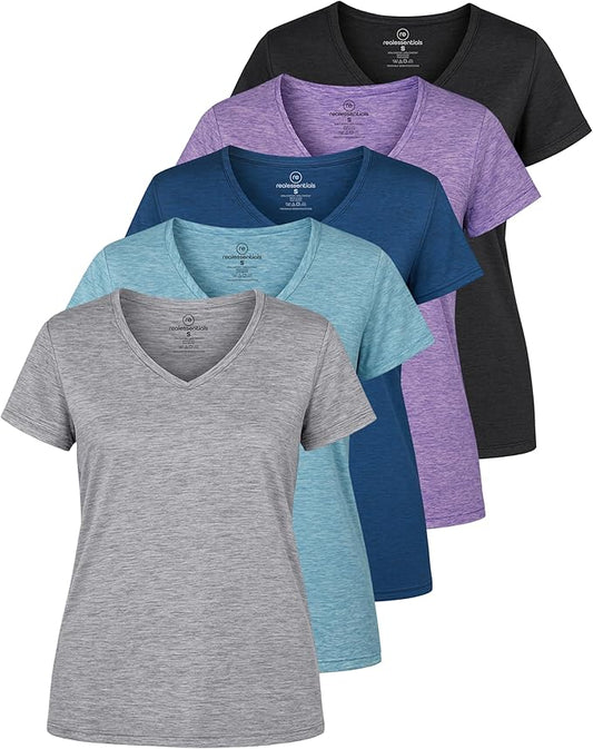 5 Pack Women's Dry Fit V Neck Workout Tops T Shirts Athletic Gym Yoga Tees | Available In Plus Size, Cooling Moisture-Wicking, Short Sleeve, Quick-Dry, Fitness, Stretch, Exercise, Running, Hiking by RealEssentials