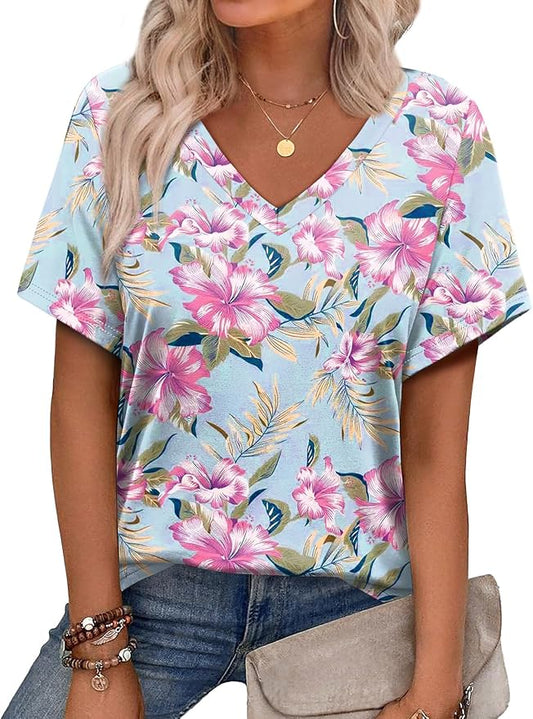 Alaroo Womens Summer Tops 2026 V Neck Short Sleeve Shirts Trendy Dressy Casual Vacation Outfits Printed by Alaroo