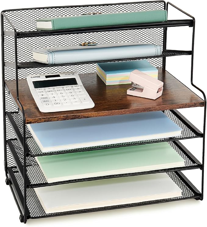 OPNICE 6-Tier Letter Tray Paper Organizer, Desk Organizers and Accessories, Desktop File Organizer, Office Desk Accessories for Office Supplies (Wood Brown) by OPNICE