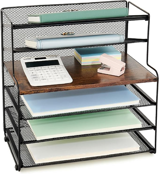 OPNICE 6-Tier Letter Tray Paper Organizer, Desk Organizers and Accessories, Desktop File Organizer, Office Desk Accessories for Office Supplies (Wood Brown) by OPNICE