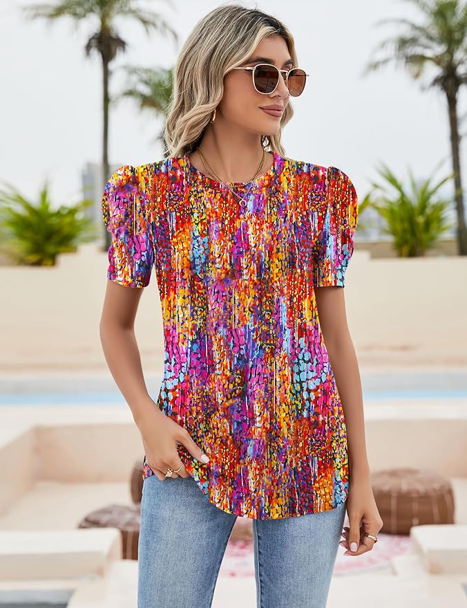 Ivicoer Puff Short Sleeve Shirt for Women Eyelet Tops Summer Crewneck Blouse Loose Fit S-XXL - Image 2