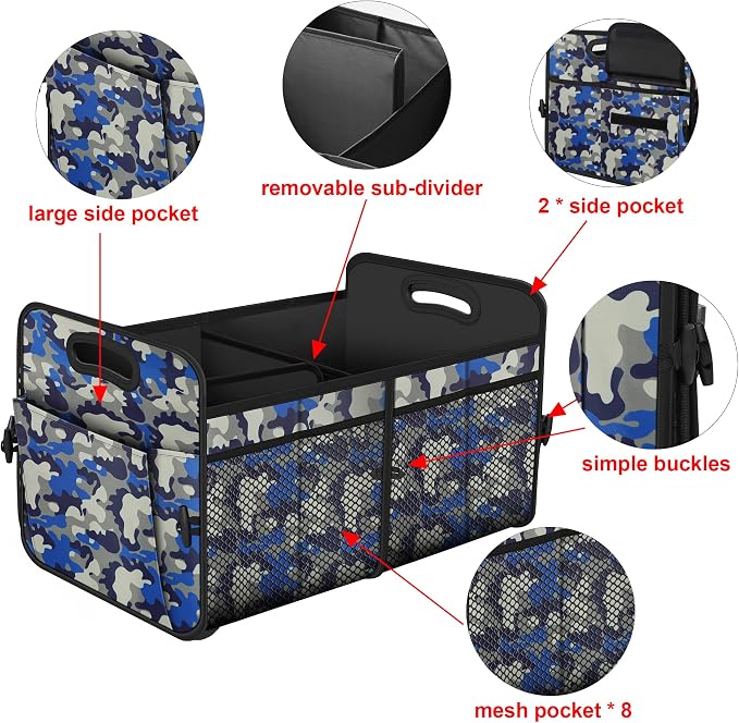 Femuar Car Trunk Organizer with 72L Large Capacity Waterproof Collapsible and 11 Pockets, Trunk Organizer for Car SUV/Jeep/Sedan, Large Size, Blue Camouflage - Image 5