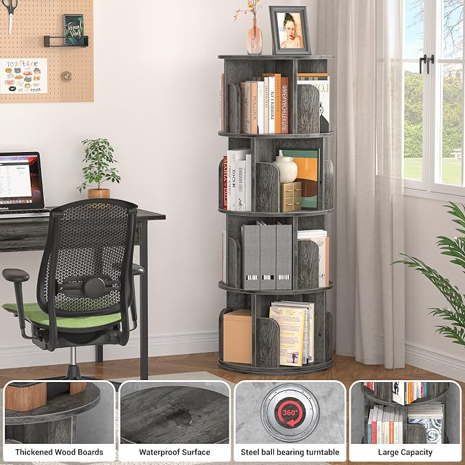 Aheaplus Rotating Bookshelf, 360 Display Corner Bookshelf for Small Space, 4 Tier Floor Standing Bookcase Storage Rack, Wood Narrow Book Shelf Organizer for Bedroom, Living Room, Study Room, Grey Oak - Image 4