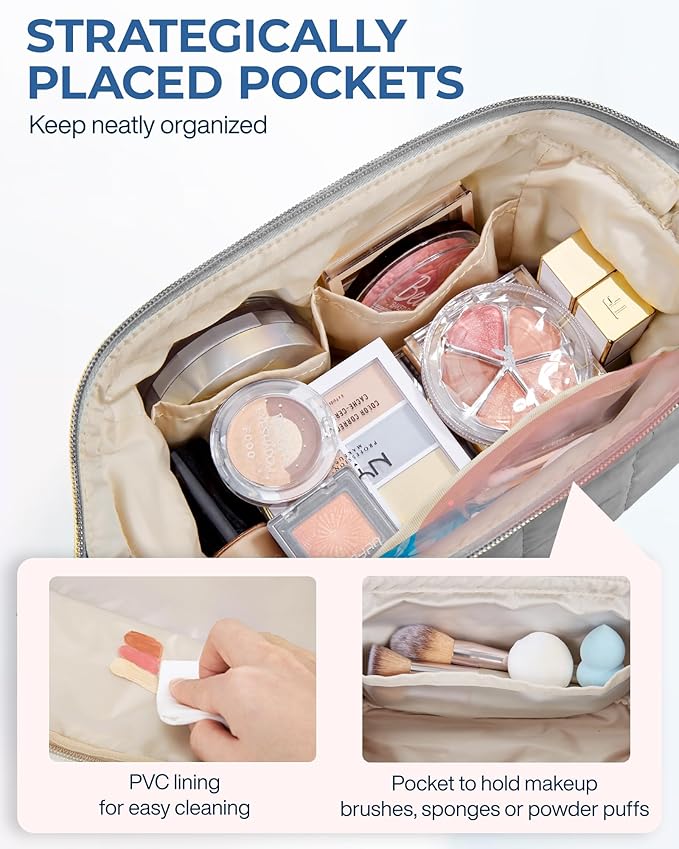 BAGSMART Makeup Bag Travel Toiletry Bag, Puffy Padded Make Up Bags for Women Makeup Organizer Case, Wide-open Pouch Purse Travel Essentials Toiletries Accessories Brushes, Gray - Image 3