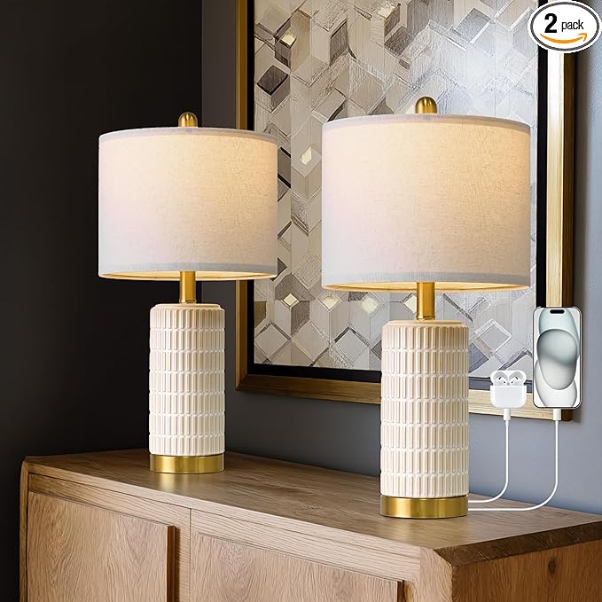 PoKat Small Bedside Table Lamps with USB Ports for Bedroom, 21.5'' White Nightstand Lamps for Night Stands, Modern Ceramic Bedroom Lamps for Living Room End Table, White and Beige by Pokat