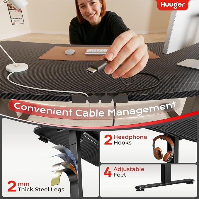 Huuger Electric Standing Desk with Power Outlets and USB-C Port, 47 X 24 Inch Height Adjustable Desk, Sit Stand Desk for Home Office, Computer & Gaming Desk with 4 Presets, Carbon Black - Image 6