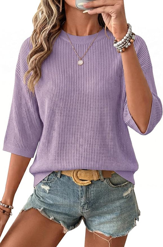 Arach&Cloz Womens Summer 100% Cotton Oversized Crochet Tops 3/4 Length Sleeve Sweater Hollow Out Casual Blouses 2026 by ArachClozFocusonQuality