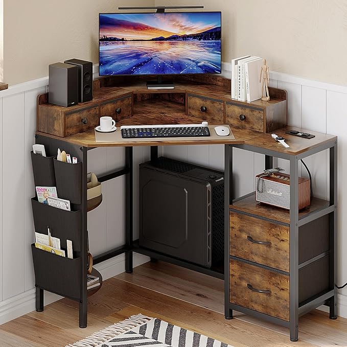 VENNQD Corner Desk with 6 Fabric Drawers Shelves for Small Space Computer Desk with Power Outlets,Gaming Desk with Printer Monitor Stand Storage for Home Office Workstation Writing Table Brown by VENNQD