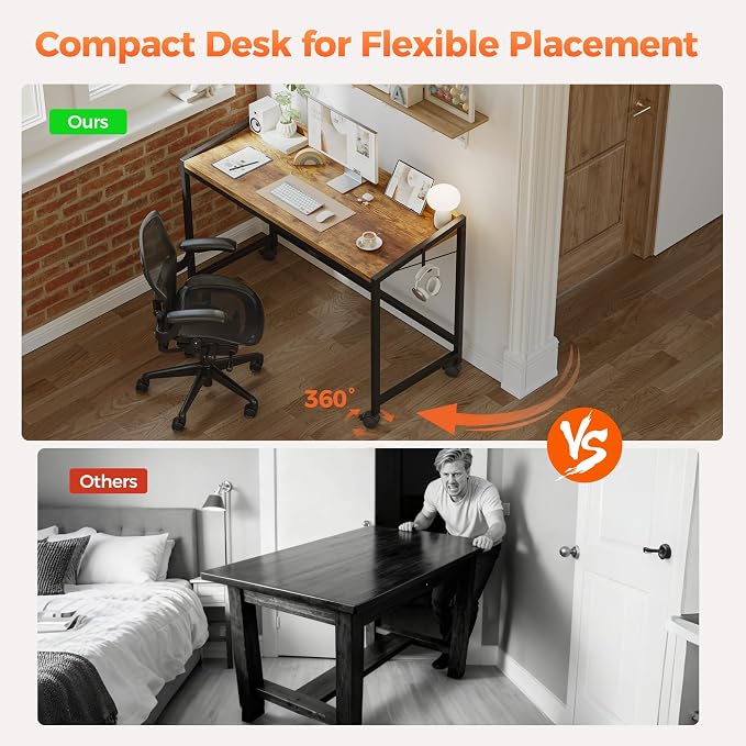 Mericonia 47x20 Inch Small Computer Desk with Wheels & Rear Lip | Simple Rolling Desk, Writing Table for Home Office Bedroom Work Study, Brown - Image 7