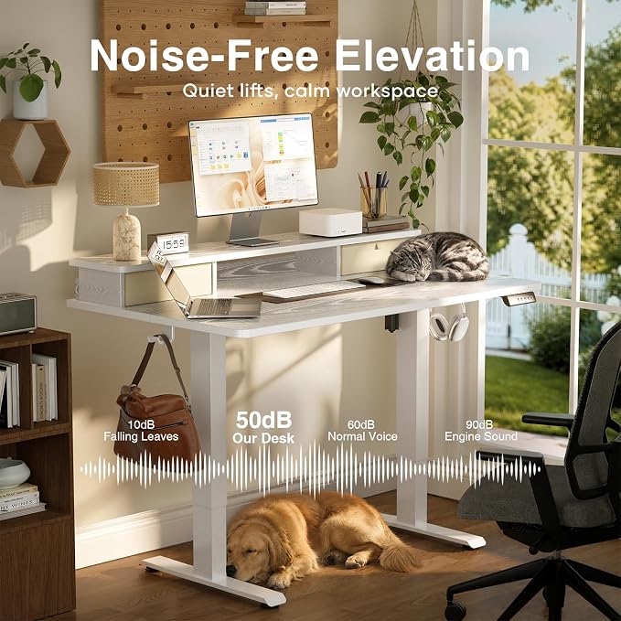 Veken 55x26 in Electric Standing Desk with Drawers, Adjustable Table, White | Stand up Computer Desk for Home Office, Work & Study, with Storage, 3 Memory Presets, Cable Organizer, Hook, and Quiet Lift. - Image 7