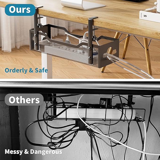 Under Desk Cable Management Tray Black, Litwaro Cable Management Under Desk No Drill, Cable Organizer with Clamp for Wire Management, Cord Organizer No Damage to Desk for Office, Home - Image 2