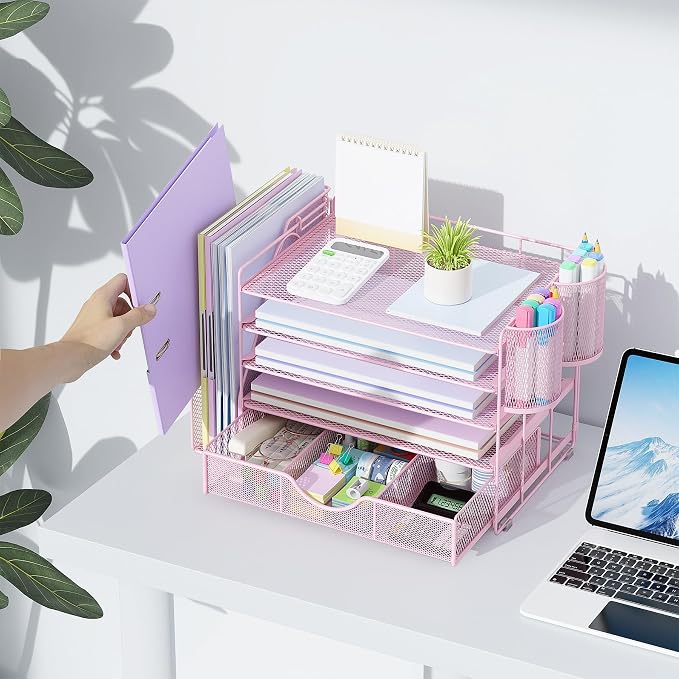 gianotter 5-Tier Desk Organizer with Drawers and File Holders | Letter Trays and Pen Holders - Workspace Accessories for Office Supplies (Pink) - Image 3