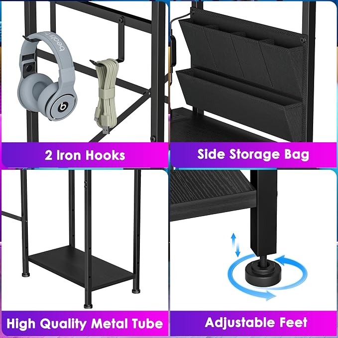 33.7 Inch Small Gaming Desk Table with LED Lights & Power Outlets, Compact L Shaped Gaming Computer Desk with CPU Stand, Drawer & Storage, Corner PC Desk for Kids, Home Office , Bedroom, Black - Image 9