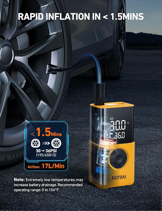 AstroAI L7S Tire Inflator Portable Air Compressor Cordless with Digital Pressure Gauge, 150 PSI LED Light Bike Air Pump with Fast Inflation & Auto Shut-Off for Car Tires,Motorcycles,Bikes,Balls,Yellow - Image 4