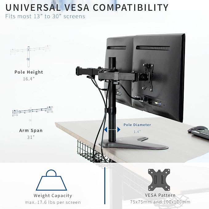 VIVO Dual 13 to 30 inch Monitor Free-Standing Mount, Fully Adjustable Desk Stand, Holds 2 Flat or Curved Display Screens, STAND-V102F - Image 3
