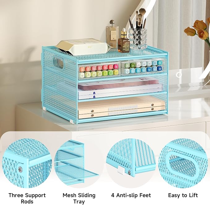 Subekyu Paper Letter Tray Organizer for Desk, Blue Metal Mesh Desk File Sorter Organizer with Handle and 2 Sliding Trays for Home Office School Supplies Organization - Image 7