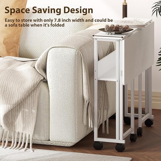 Folding Desk Small Rolling Desk with Storage Shelf,24.8 Inch Foldable Computer Table with Wheels,Portable Office Desk for Small Space Sofa Table,Easy to Fold,Writing Work Office Computer Desk,White - Image 4