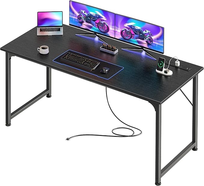 PRAISUN 55 X 20 Inch Computer Desk, Power Outlets, USB-C, Black | Office Desk with 4 AC Outlets, USB & USB-C, Sturdy Metal Frame, Spacious Desktop for Work, Writing, Study & Gaming by PRAISUN