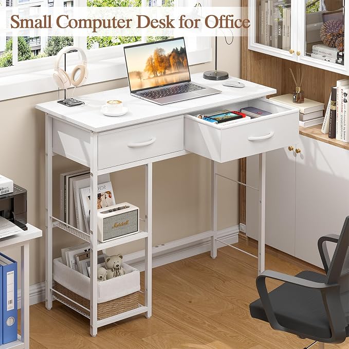 ThreeHio Small Writing Desk with 2 Drawers, White Computer Desk with Storage Shelf, Home Kids Study Table for Small Spaces, Simple Desk for Bedroom, Home Office, Living Room, Dorm, Vanity Desk, White - Image 5