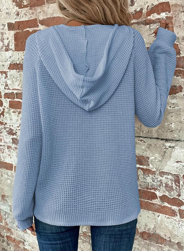 Dokotoo Hoodies for Women Waffle Knit Long Sleeve Drawstring Button V Neck Casual Sweatshirt Hooded Tops Fashion Clothing - Image 2