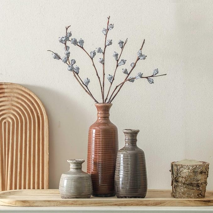 Ceramic Vases Set of 3, Neutral Rustic Farmhouse Vases Home Decor Decorative Flower Vase Modern Boho Pampass Vase for Table Mantel Entryway Shelf Living Room Kitchen Bathroom - Brown - Image 9