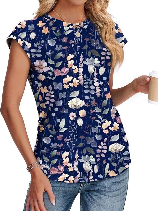 Sampeel Womens Summer Tops Trendy 2026 Ruched Cap Short Sleeve Tshirts Shirts Crew Neck T Shirts Fashion - Image 3