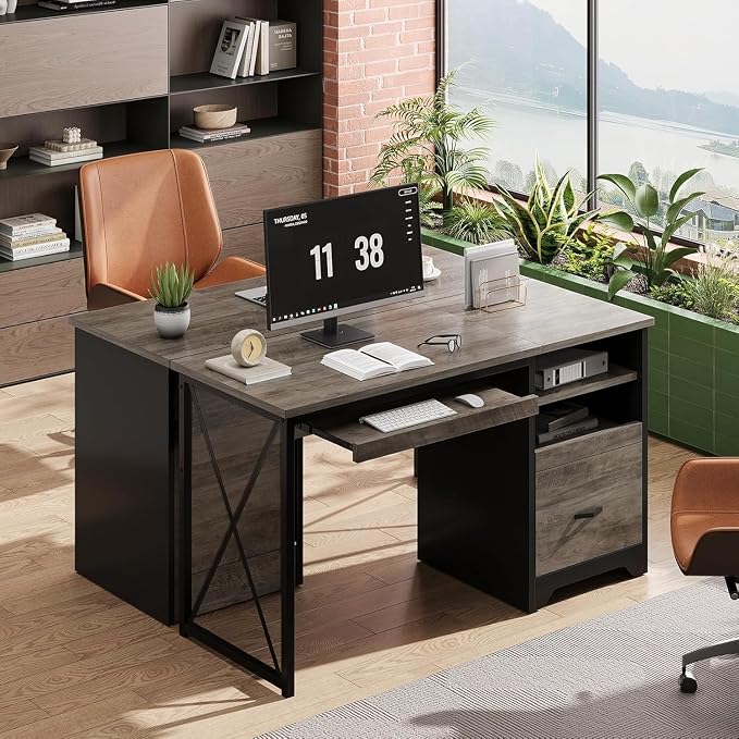 Bestier 47" Office Desk with Drawers, Industrial Computer Desk with Drawer, Reversible Teacher Desk with Storage & Keyboard Tray for Small Space Home Office & Studio, Gray Wash | 47 Inch Desktop With File Drawer, Open Storage, Keyboard Tray And Reversi... - Image 4