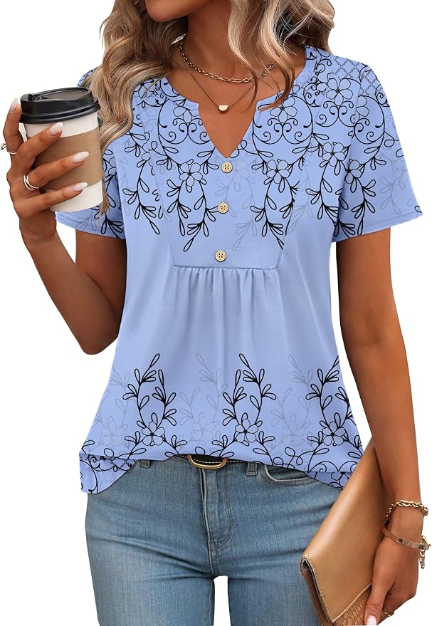 Zeagoo Womens Short Sleeve Tops Summer Henley V-Neck Tshirts Casual Pleated Blouse Dressy Loose Floral Basic Tee - Image 2