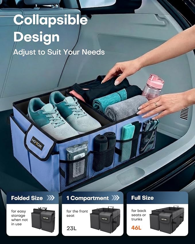 HOTOR Trunk Organizer for Car - Car Organizer, Foldable Trunk organizer for SUVs & Sedans, Sturdy Organization for Car Accessories, Tools, Sundries, Blue, 2 Compartments, 23.6"×14.2"×10.6" - Image 5