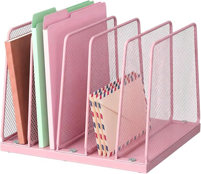 LEKETREE Small Desk File Organizer, 5-Section Upright File Sorter, Vertical File Folder Holder, Mesh Metal Wood Office Desktop Organization for Document, Magazine, Books and more (Pink) by Stylishworkspaceeffortlessorganization