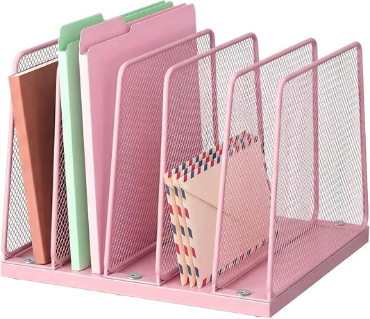 LEKETREE Small Desk File Organizer, 5-Section Upright File Sorter, Vertical File Folder Holder, Mesh Metal Wood Office Desktop Organization for Document, Magazine, Books and more (Pink) by Stylishworkspaceeffortlessorganization