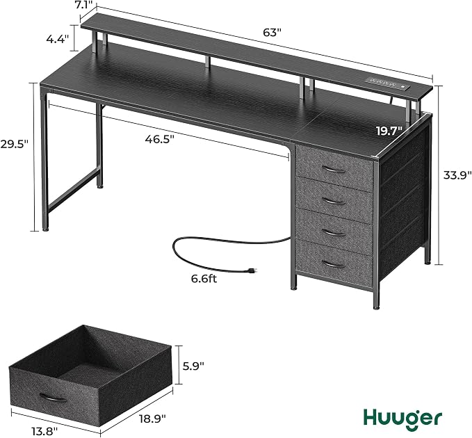 Huuger 63 Inch Computer Desk with Power Outlets and LED Lights, Gaming Desk with 4 Drawers, Office Desk with Monitor Stand, Study Desk Work Desk for Home Office, Black - Image 2