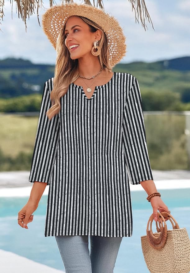OFEEFAN Summer Boho Tops For Women 3/4 Length Sleeve Womens Tops Vacation Outfits - Image 3