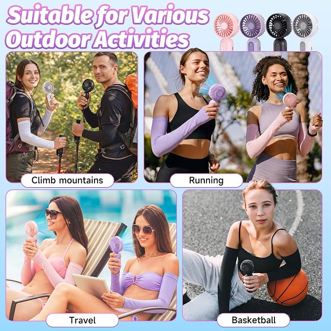 8 Pcs Summer Portable Cooling Kit, USB Rechargeable Handheld Fan with UPF 50 Cooling Arm Sleeves for Men Women, Mini Fan and Sun Protection Sleeve Set for Beach Travel Camping Golf Running - Image 5