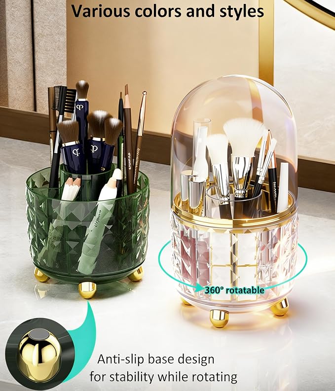 GOTOBA 360° Rotating Pencil Holder for Desk, Makeup Brush Holder with 6 Slots, Desk Organizer for Writing Utensil, Office and School Supplies (Clear with cover) - Image 3