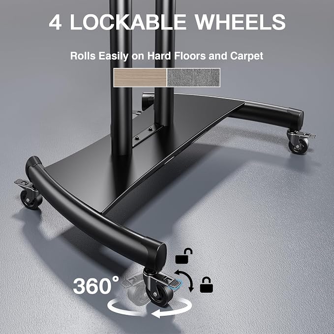 PERLESMITH Mobile TV Stand for 55-90 Inch Flat/Curved Screen TV Max VESA 800x500mm Outdoor TV Cart with Height Adjustable AV Shelf- UL Certificated Rolling Floor TV Stand Holds up to 200Lbs (PSTVMC07) - Image 4