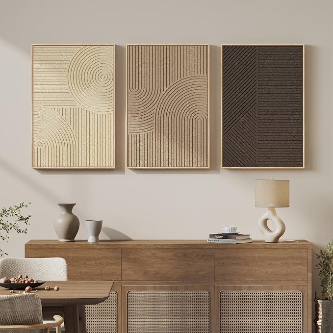 Large 3D Textured Framed Boho Neutral Wall Art for Living Room, 3 Piece Modern Minimalist Texture Paintings Artwork for Walls, Brown Beige Tan Geometric Pictures for Hallway Office Wall Decor 20x30 In - Image 2
