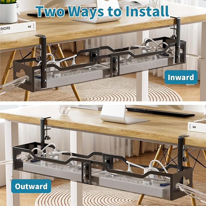 Under Desk Cable Management Tray Black, Litwaro Cable Management Under Desk No Drill, 25'' Cable Tray with Clamp for Wire Management, Cord Organizer for Office, Home - No Damage to Table - Image 6