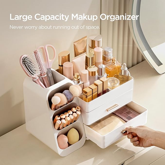 HBlife Makeup Organizer with Brush Holder for Vanity, Large Plastic Bathroom Countertop Organizer Skin Care Storage, Easy to Store Lipsticks, Nail Polishes, Perfumes, Eyeshadow Palettes, All White - Image 4