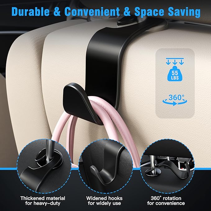 Amooca 4-Pack Car Headrest Hooks –Holds 55lbs Vehicle Storage Organizer for Purses Handbags Groceries Backpack Coats 360° Rotating Black - Image 5